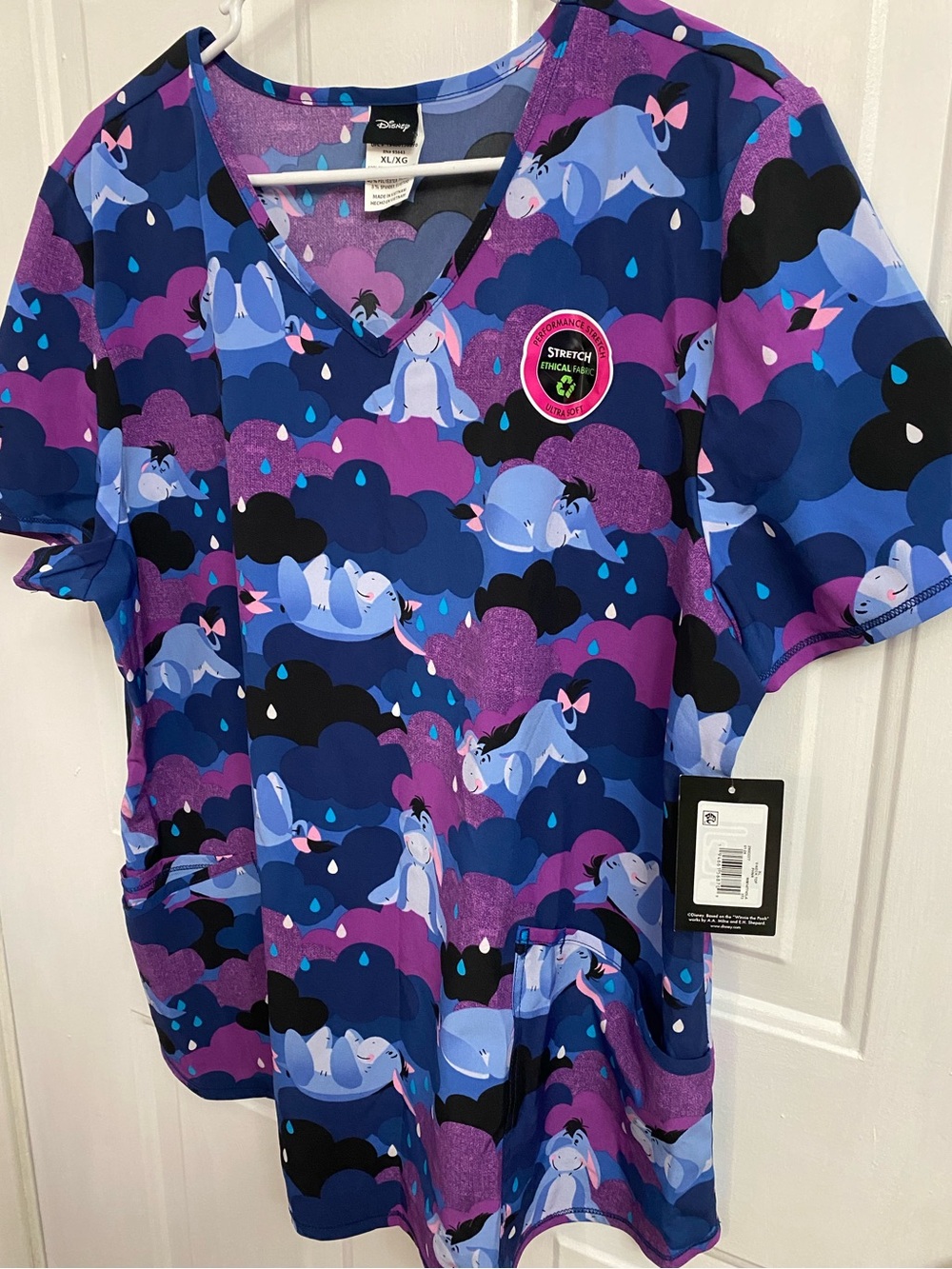 Disney Eeyore Rain Women’s V-Neck Scrub Top, XL